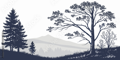 Foto Bare tree and evergreen forest landscape illustration with distant mountains win