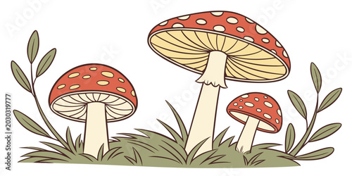 Cuadro en lienzo Group of fly agaric mushrooms in green grass and foliage illustration with amani