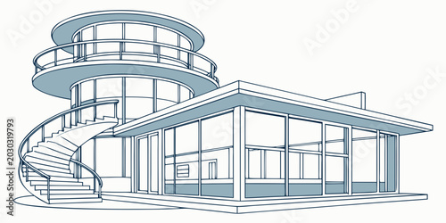 Schilderij op canvas Modernist architectural building with spiral staircase and large panoramic outli