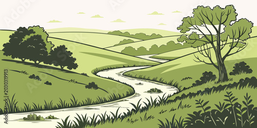 Schilderij op canvas Stylized illustration of a winding river flowing through a lush green valley wit