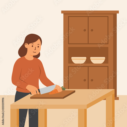 Flat vector illustration of a woman standing while cutting carrots on a chopping board with wooden cabinets in the background. Perfect for cooking, kitchen, food preparation concepts.