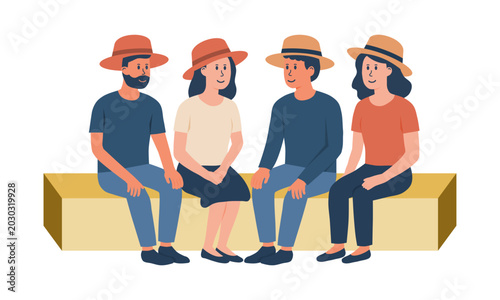Flat vector illustration of a group of people sitting together while wearing hats. Perfect for friendship, community, fashion, casual lifestyle, outdoor activity, and social gathering concepts.