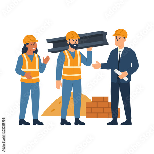 Flat vector illustration of a group of construction workers wearing safety helmets. Perfect for engineering, architecture, building, industrial, labor, and workplace safety concepts.