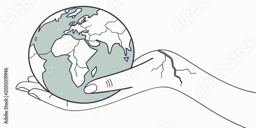 Canvas Print Illustration of a cracked human hand gently holding the planet earth globe repre