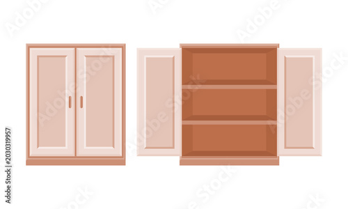 Vector of empty wooden storage cabinets shown in opened and closed door variations. Ideal for home furniture, interior organization, bedroom storage, and household equipment design themes.