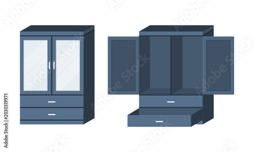 Vector illustration of an empty wardrobe cabinet with glass front doors shown in open and closed views. Perfect for home interior, storage organization, and household design themes.