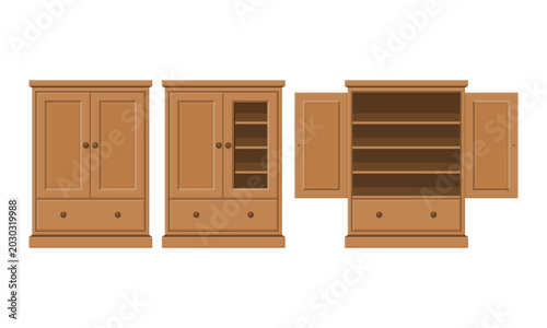 Vector illustration of wooden wardrobes featuring open and closed empty cabinet designs. Perfect for furniture, home interior, bedroom storage, organization, and household design themes.