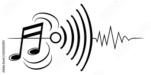 Εκτύπωση καμβά Musical note emitting sound waves and audio signal waveform with line art flat d