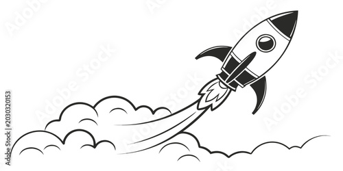 Tablou pe pânză Rocket ship launching with smoke trails and clouds line art flat design explorat