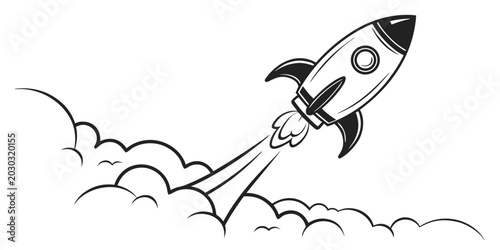 Foto Retro rocket ship blasting off through clouds retro style blast off black and wh