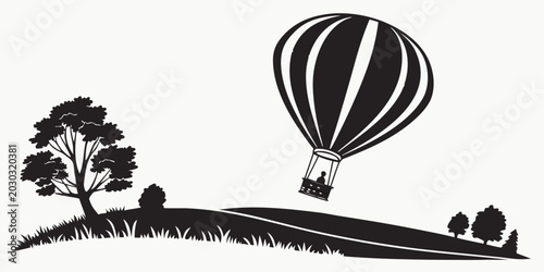 Φωτογραφία Stylized black and white hot air balloon descending over a grassy hill with a la