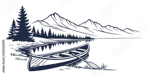 Schilderij op canvas Vintage canoe and oars on grassy shoreline with pine trees and mountains reflect