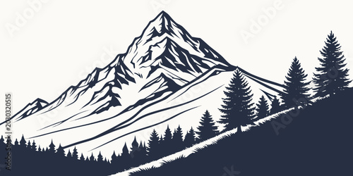 Fotografie Dramatic mountain range with snow-capped peaks and silhouetted evergreen trees o