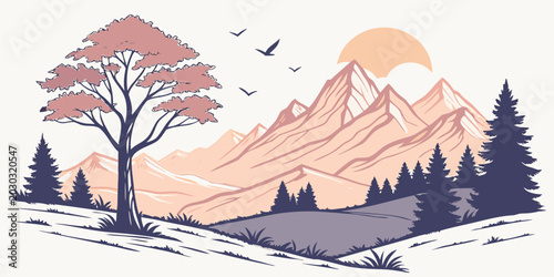 Photos Stylized mountain landscape with a large tree in the foreground and birds flying
