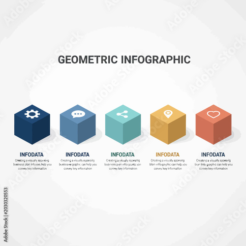 The geometric infographic displays five colorful cubes with icons on a white background.