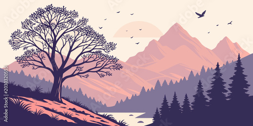 Slika na platnu Peaceful mountain vista with a wide river bare tree on a hill birds in the sky l