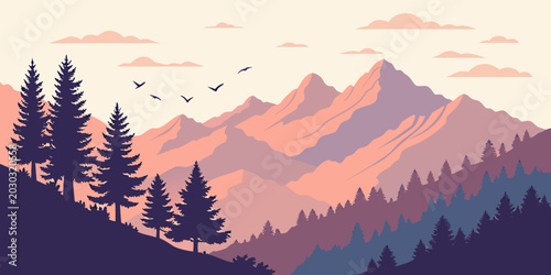 Tableau sur toile Majestic mountain range with pine trees in the foreground and clouds in the sky