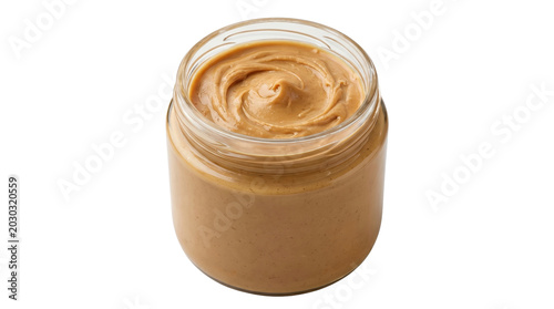 Fotografie Creamy smooth peanut butter in open glass jar with swirl texture isolated on transparent background cutout