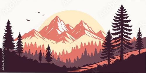 Photography Panoramic mountain scenery with a large sun pine trees a winding river pine tree