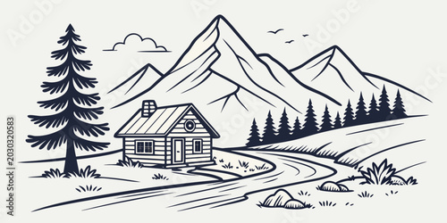 Foto Rustic cabin in a mountain landscape with a winding road and pine trees mountain