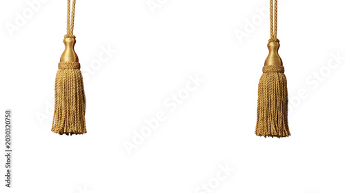 Obraz na plátně Luxury golden silk curtain tassels with braided ropes isolated on transparent background for interior ornament