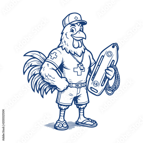 Lifeguard Rooster Holding Rescue Board Line Art Design