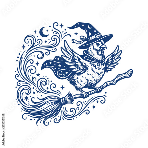 Magical Witch Chicken Flying on Broomstick Line Art Design