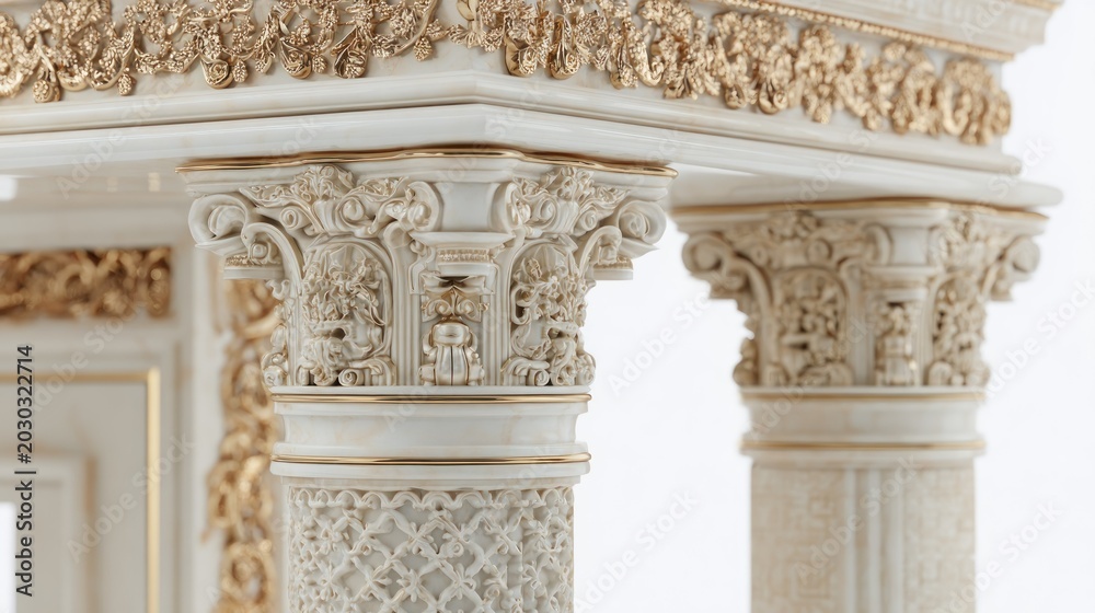 Obraz premium Ornate architectural columns feature elaborate white stone carving accented with rich gold detailing