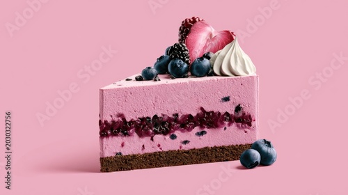 Delicious Pink Berry Cheesecake Slice with Fresh Blueberries and Strawberries on Pink Background