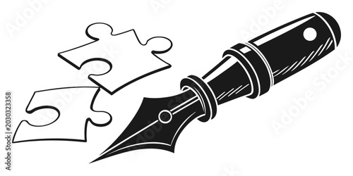 Fotografie Fountain pen nib with jigsaw puzzle pieces on paper conceptual illustration crea