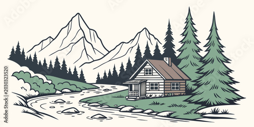 Schilderij op canvas Detailed color landscape graphic featuring a rustic log cabin by a river and pin