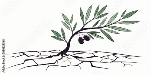 Photography Young olive tree growing in barren cracked land illustration with survival envir