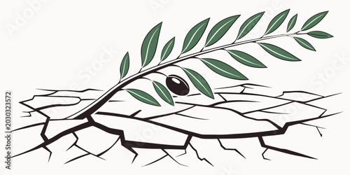 Billede på lærred Single olive branch emerging from dry cracked soil illustration with survival en