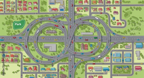 Complex highway interchange with busy traffic flow illustration.