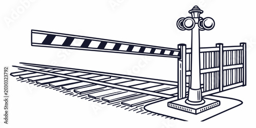 Schilderij op canvas Hand drawn style railroad crossing gate with wooden fence and signal lights near