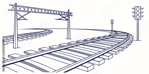 Bild auf Leinwand Railway tracks scene with overhead electrification and signal lights vector illu