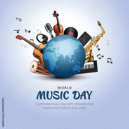 Canvas Print Creative World Music Day poster design featuring a realistic collection of musical instruments
