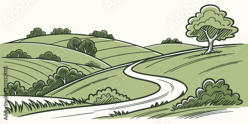 Tableau sur toile Stylized countryside landscape with rolling green hills and lone tree illustrati