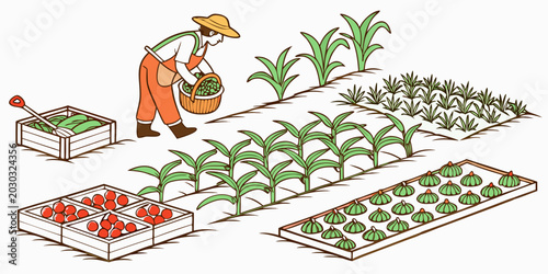 Photography Farmer harvesting fresh vegetables in garden plot illustration with harvesting v