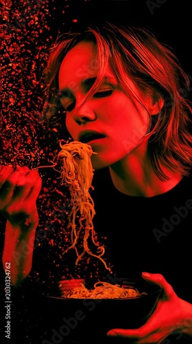 Red-Toned Portrait of Woman Enjoying Spaghetti with Dramatic Lighting
