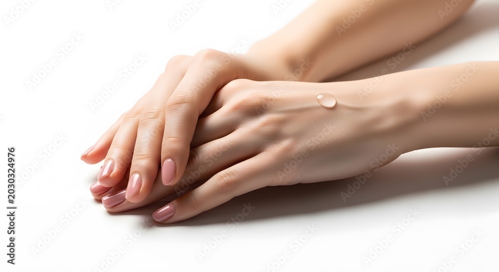 Fototapeta premium Hands with a single drop of clear serum showcase the delicate process of applying luxury skincare products for a radiant appearance.