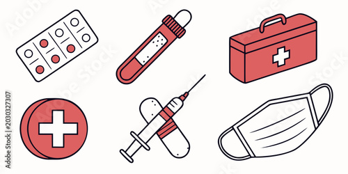 Fotografie Medical supplies and healthcare equipment vector icon set with first aid healthc