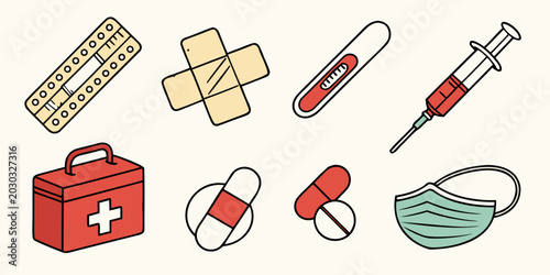 Canvas Print Health and wellness medical care vector icons set with first aid healthcare medi