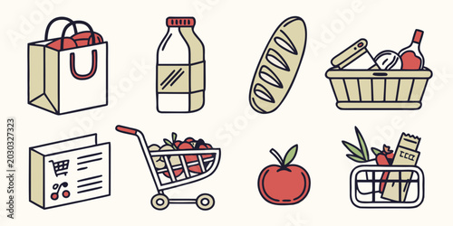 Photos Groceries and supermarket shopping vector icon collection with shopping supermar