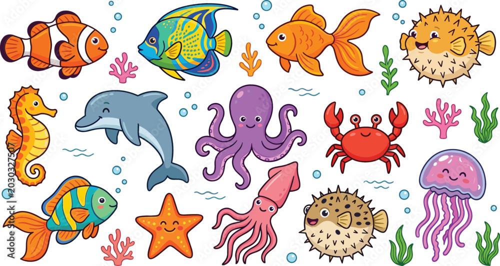 Obraz premium Cute Cartoon Sea Animal Vector Set Featuring Dolphin Octopus Jellyfish Crab and Marine Life Clipart for Kids Designs