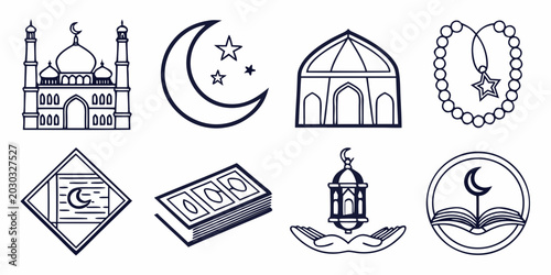 Tableau sur toile Comprehensive islamic religious icon set for ramadan symbols and worship with re