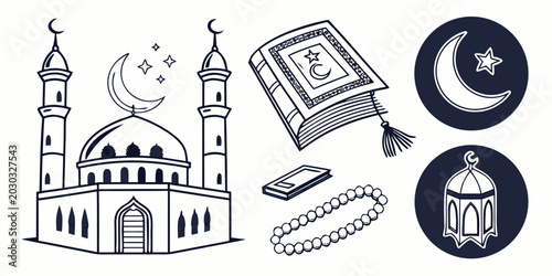 Fotografía Islamic culture icon collection with mosque quran crescent moon lantern and pray