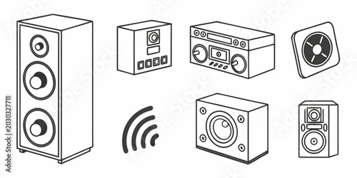 Schilderij op canvas Vintage and modern audio equipment icon collection with broadcasting collection