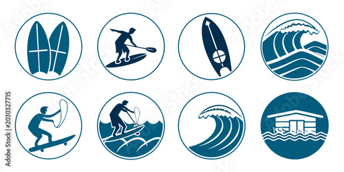 Фотография Set of surfing and water sports icons featuring surfboards waves paddle boarders