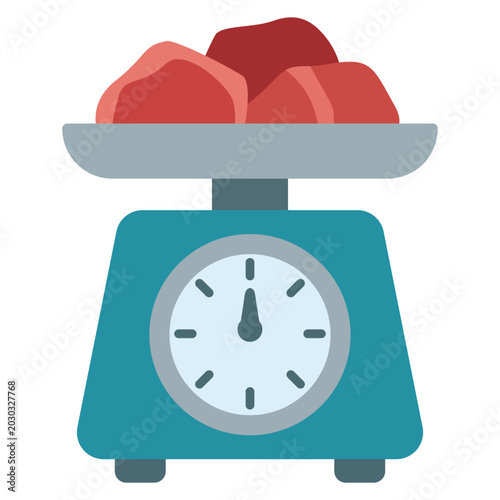 Quadro su tela Fresh raw meat on blue weighing scale tool cartoon vector illustration